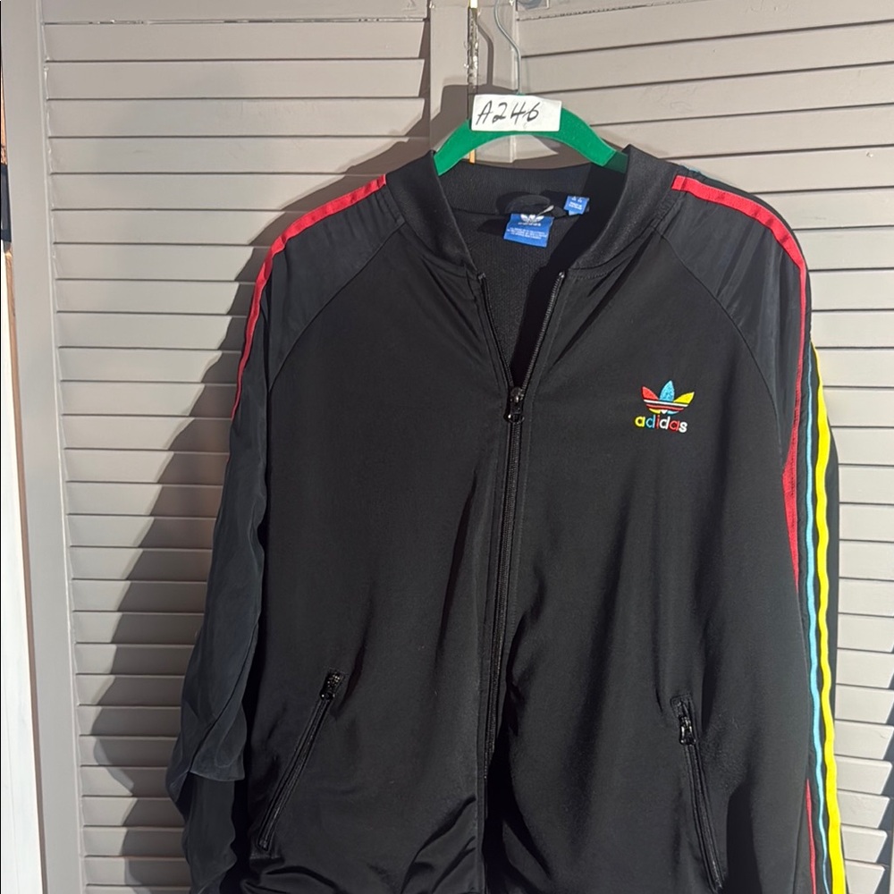 adidas Black Track Jacket with Red, Yellow & Blue Trim